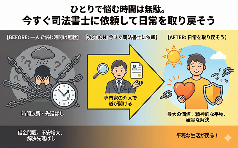 ひとりで悩む時間は無駄。今すぐ司法書士に依頼して日常を取り戻そう