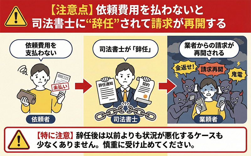 【注意点】依頼費用を払わないと司法書士に"辞任"されて請求が再開する
