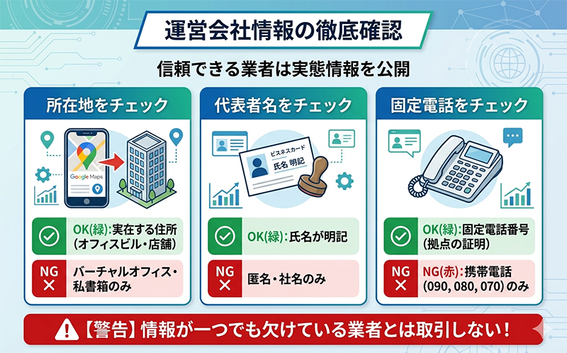 運営会社の所在地･代表者名･固定電話の有無を徹底確認